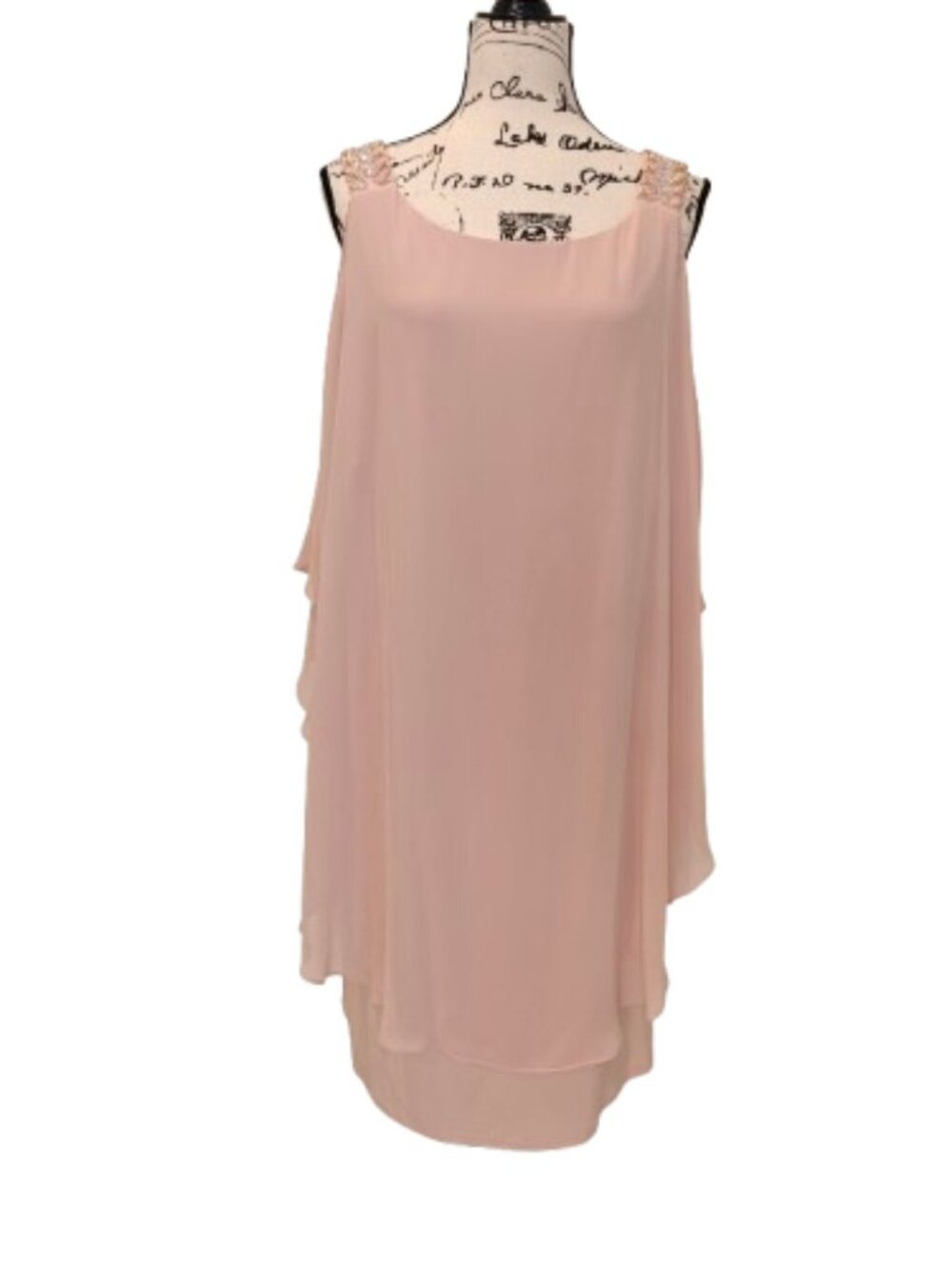 Xscape Blush Pink Beaded Shoulder Cold Shoulder Cape Chiffon Cocktail Dress 18W